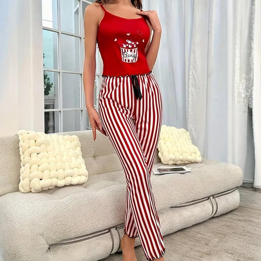 Women's Sleepwear- Cartoon Print Cami Top and Striped Lettuce Trim Pants