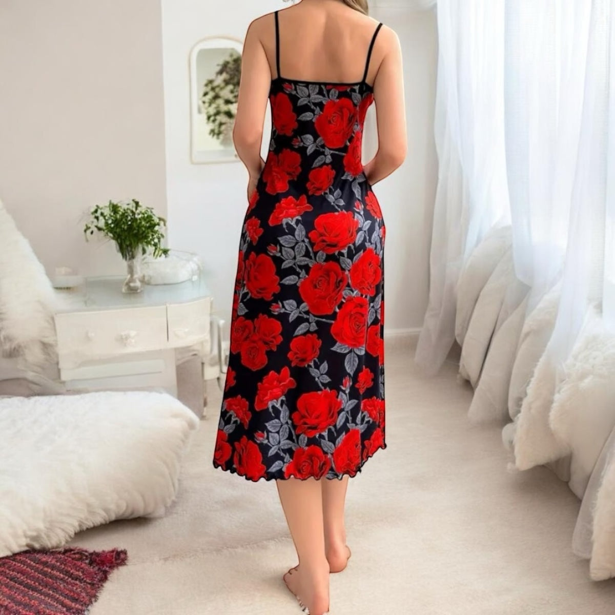 Elegant Rose Print Slip Nightdress