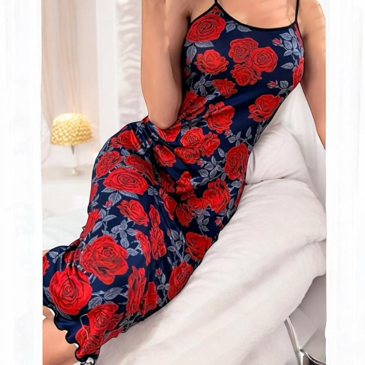 Elegant Rose Print Slip Nightdress