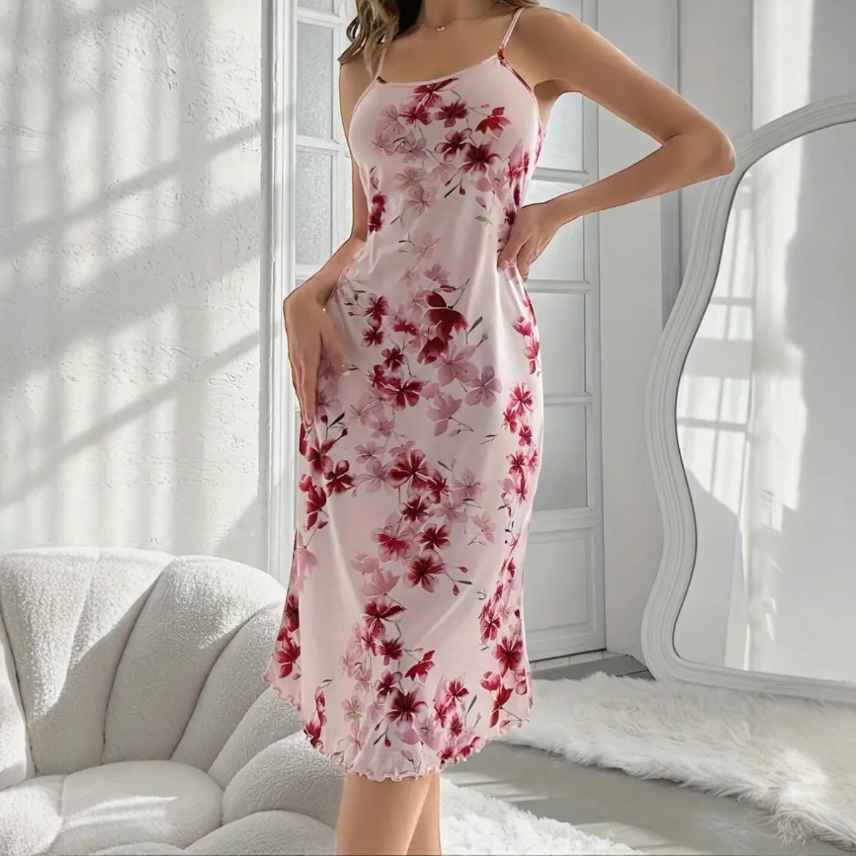 Floral Print Lettuce Trim slip Nightdress