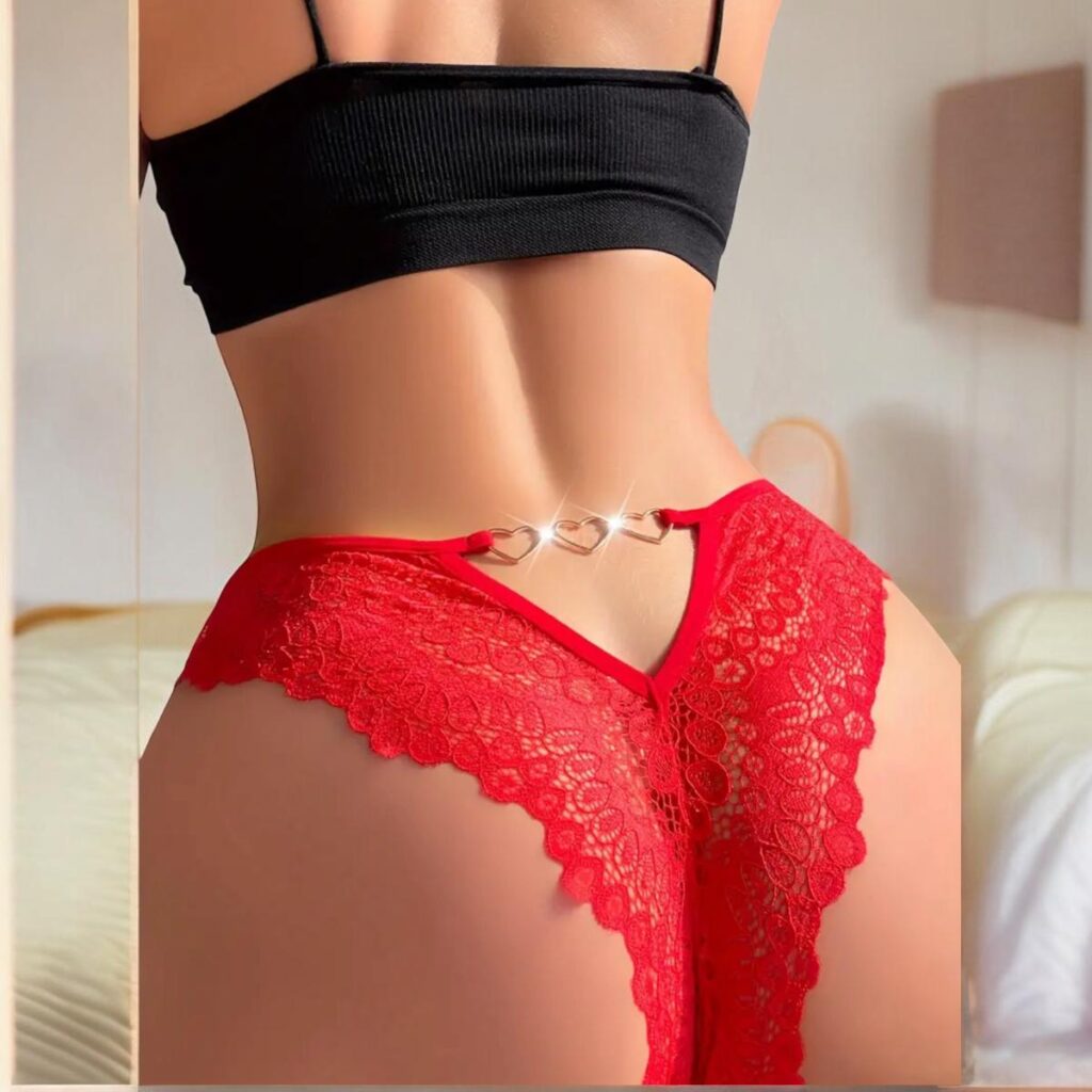 1pc Alluring Heart Shaped Ring Cut Out Lace Panty.