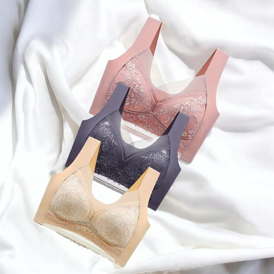 3pcs Solid Floral Lace Wireless Tank Bra.